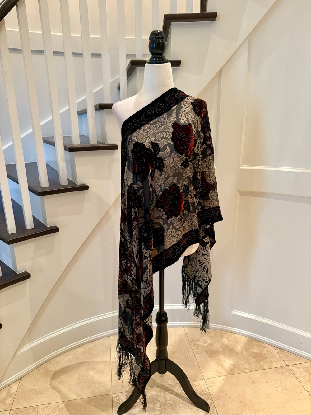 Vintage Velvet Burnout Rose Print Scarf with Fringe